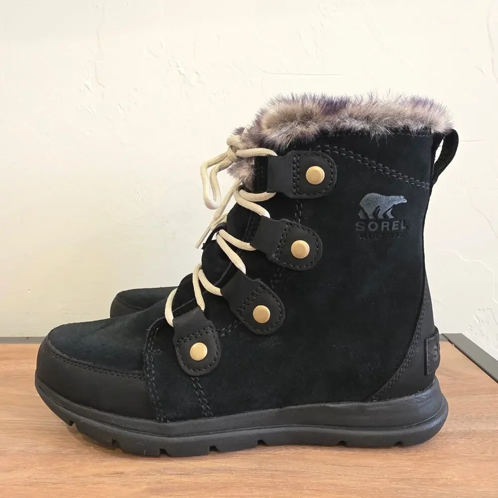 SOREL Explorer Joan Black Suede Waterproof Winter Boots Faux Fur Women Size 6.5